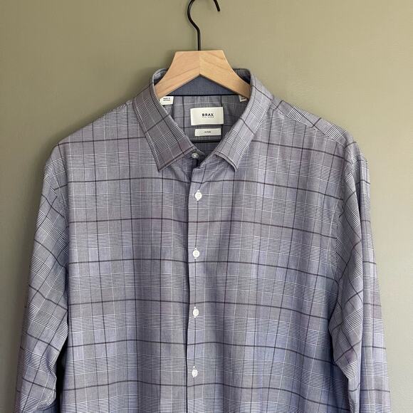 BRAX Derek Modern Fit Plaid Button Up Shirt In Navy Size XL Hi Flex Houndstooth - Picture 7 of 16